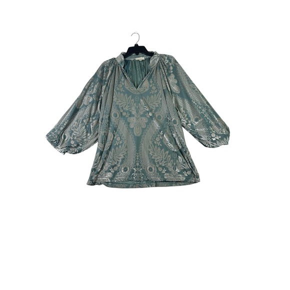 Umgee Tops - Umgee 1XL Sage Green Metallic Floral Boho Peasant Blouse Balloon Sleeve Top